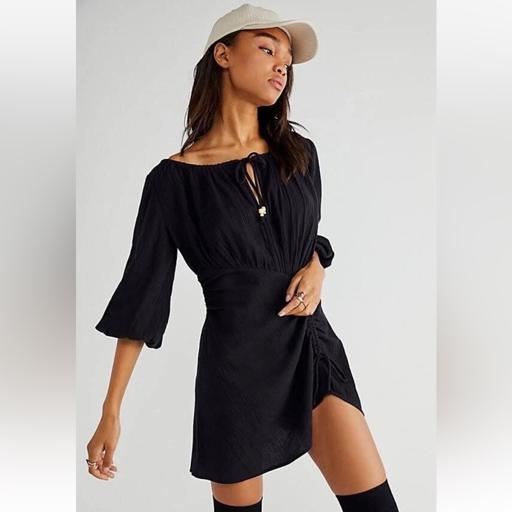 Free People Port Sunlight Off-Shoulder Black Smocked Mini Dress Women’s S